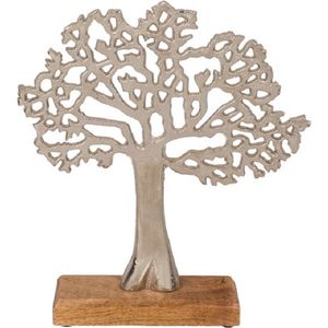 Decoratie levensboom van aluminium op houten voet 33 cm zilver - Tree of life