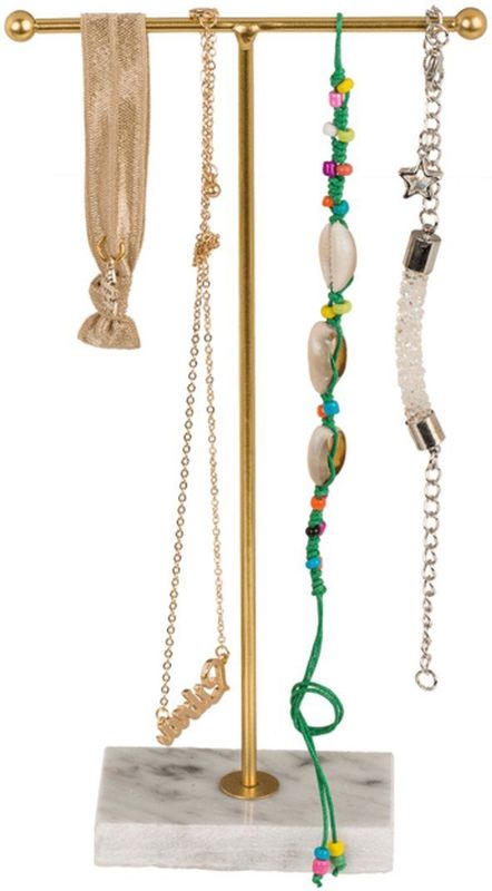 Sieradenrek - Goudkleurig - Met Marmeren Basis - T-Bar Ontwerp
