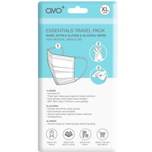 AVO+ - Essentials Reisverpakking - Gelaatsmasker - Wegwerphandschoenen - Antibacteriële Doekjes