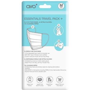 AVO+ - Essentials Plus Reisverpakking - 2 x Type II Gelaatsmaskers - 4 x Wegwerphandschoenen - 10 x Wegwerpdoekjes
