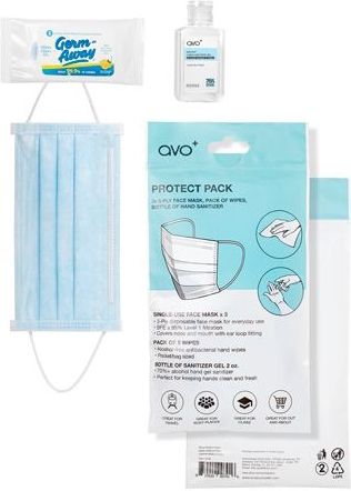 AVO+ - Protect Plus Pack - Gezichtsmasker Set - 3 x BFE Gelaatsmaskers - 5 Antibacteriële Handdoekjes - Handdesinfectiegel