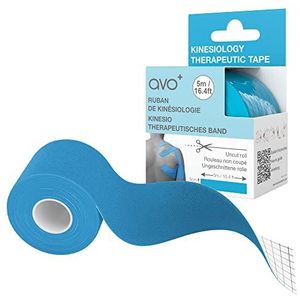 AVO+ 48007 Kinesiologie Tape - 5m Rol Elastische Therapeutische Sporttape voor Fysio-oefeningen, Spierherstel, Zwelling, Pijn en Blessures, Verbeterde Bloedcirculatie, Waterbestendig,5m Ongesneden, Blauw