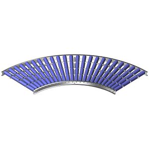 Gura Lichte rollenbaan, aluminiumframe en kunststof draagrollen, baanbreedte 600 mm, bocht 90°, inwendige radius 800 mm, asafstand 75 mm