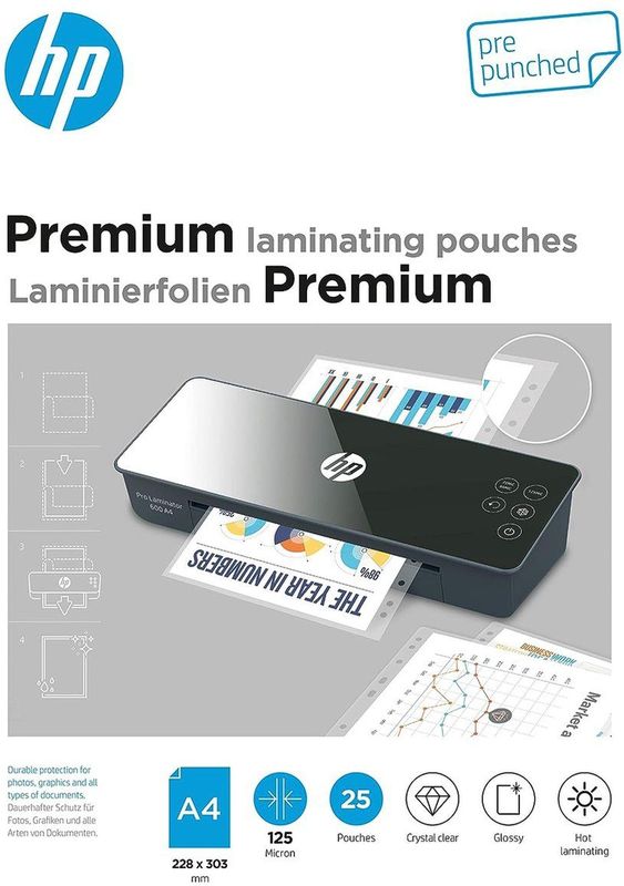 Go Europe Prospekthülle HP 9122 Laminierfolien Premium A4 125 Micron mit Lochung, glänzend, transparent, gelocht (Ringbuchlochung), Heißlaminieren, 25 Stück