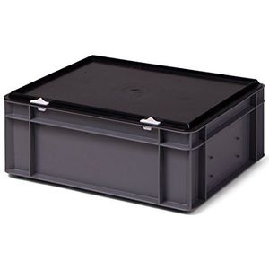 Kunststof stapelbox/opslagcontainer, grijs, met zwart afsluitdeksel, 400 x 300 x 156 mm (LxBxH), stabiele industriële uitvoering!