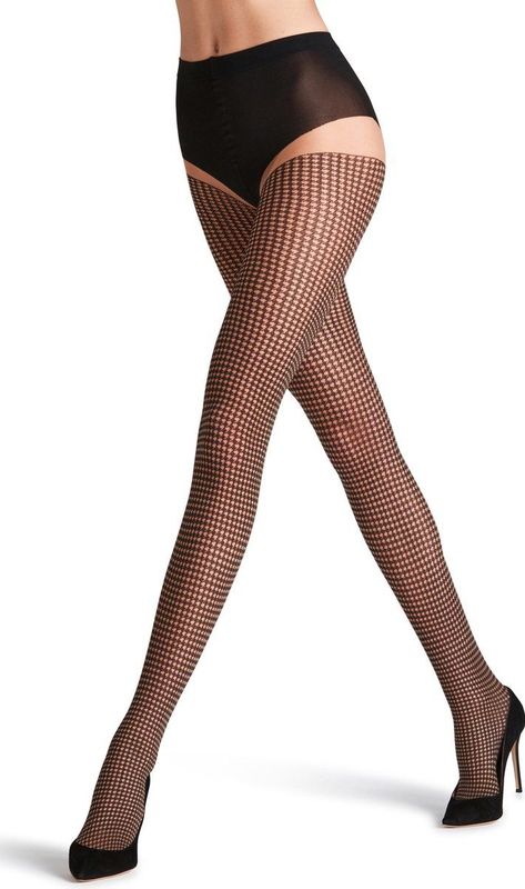 FALKE - Houndstooth Panty - Zwart - Nylon - Transparant en Loopvrij