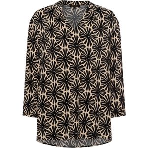 More & More - Blouse - Beige - Zwarte Bloemenprint - V-hals - ¾ Mouwen