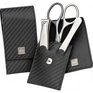 ERBE - Carbon - Manicurekoffer - Zwart - Echt Leer - Driedelige Set