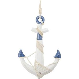 Groot houten anker beeld wit met blauw 59 x 39 cm maritieme hangdecoratie- Woonstijl maritiem - Strand/zee woonaccessoires