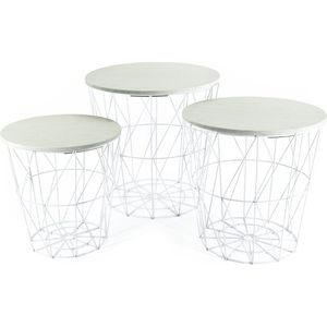 Set van 3x bijzettafels rond metaal/hout wit/licht hout 30/35/40 cm - Home Deco meubels en tafels