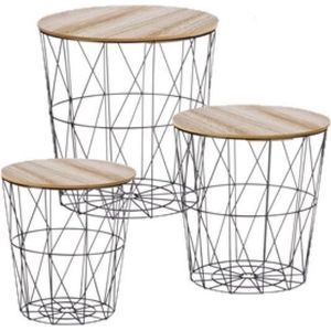 Set van 3x bijzettafels rond metaal/hout zwart/naturel 30/35/40 cm - Home Deco meubels en tafels