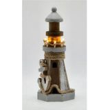 Houten/witte vuurtoren beeldje met LED lampjes 25 cm maritieme decoratie - Woonstijl maritiem - Strand/zee woonaccessoires