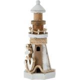 Houten/witte vuurtoren beeldje met LED lampjes 25 cm maritieme decoratie - Woonstijl maritiem - Strand/zee woonaccessoires