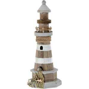 Houten/witte vuurtoren beeldje met LED lampjes 29 cm maritieme decoratie - Woonstijl maritiem - Strand/zee woonaccessoires