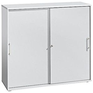 Schuifdeurkast, elk 2 legborden, 1 tussenwand, h x b x d = 1100 x 1200 x 400 mm, lichtgrijs / blank aluminiumkleurig