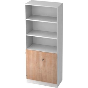 Combi-boekenkast, 5 OH, 3 open vakken + 2 afsluitbare deuren, B 800 x D 420 x 2004 mm, wit/notenhoutdecor