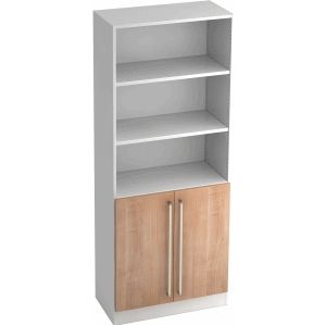 TARVIS - Combi-Boekenkast - Wit/Notenhoutdecor - 5 OH - 3 Open Vakken + 2 Deuren
