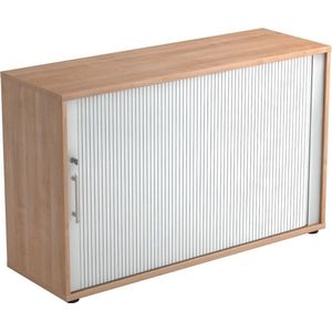 Roldeurkast ULM, 2 ordnerhoogten, roldeuren aluminium zilver, B 1200 x D 400 x H 748 mm, notenhoutpatroon