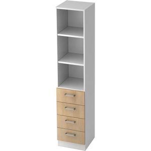 TARVIS combi-boekenkast, 5 OH, 2 legborden, 4 laden, B 405 x D 420 x H 2004 mm, wit, eikendecor