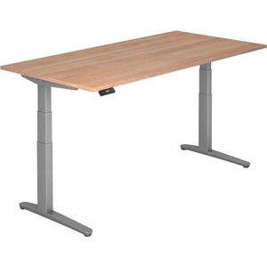 Schreibtisch TOPAS LINE, elektrisch höhenverstellbar, C-Fuß, B 2000 x T 1000 x H 650-1300 mm, Nussbaum/weißaluminium + Memoryschalter, Kabelkanal