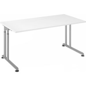 Breno bureau, handmatig in hoogte verstelbaar, horizontale kabelgoot, B 1600 x D 800 x H 680-820 mm, spaanplaat &amp; staal, wit/zilver
