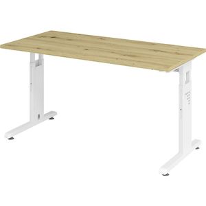 Bureau Mini-Office C, C-vormig onderstel, wit, breedte 1400 mm, eikenhoutdecor