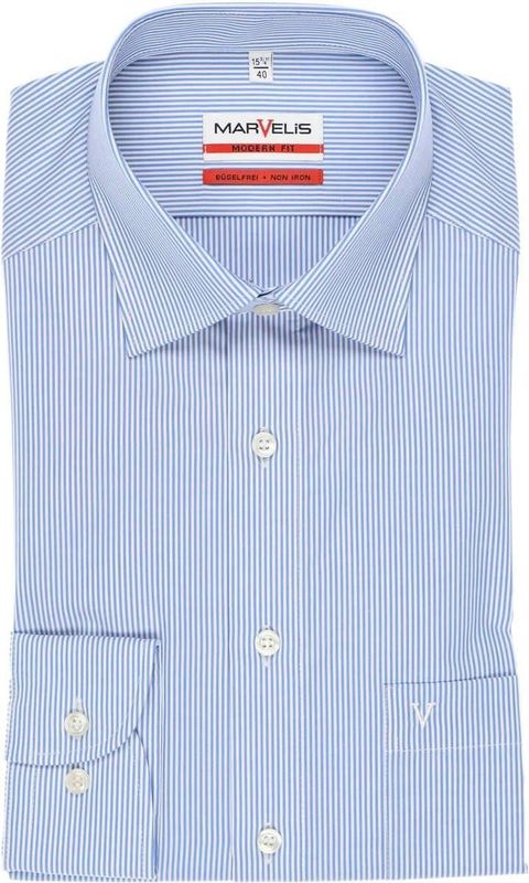MARVELIS - Modern Fit - Overhemd - Blauw - 100% Katoen, Strijkvrij