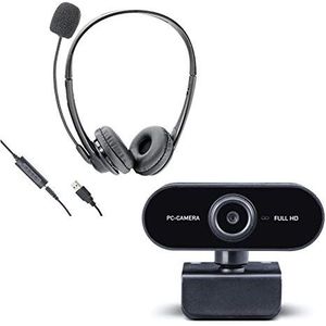 Midland Webcam W199 + PC headset HS03 41670.S1 voor thuiskantoor voor de ideale ingang in digitale communicatie, 1920 x 1080 Full HD, compatibel met elke pc met USB-aansluiting
