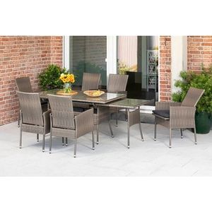 MERXX Tuin-eethoek Sevilla 6 fauteuils met zitkussen, uittrekbare tafel, steenbeige (7-delig)