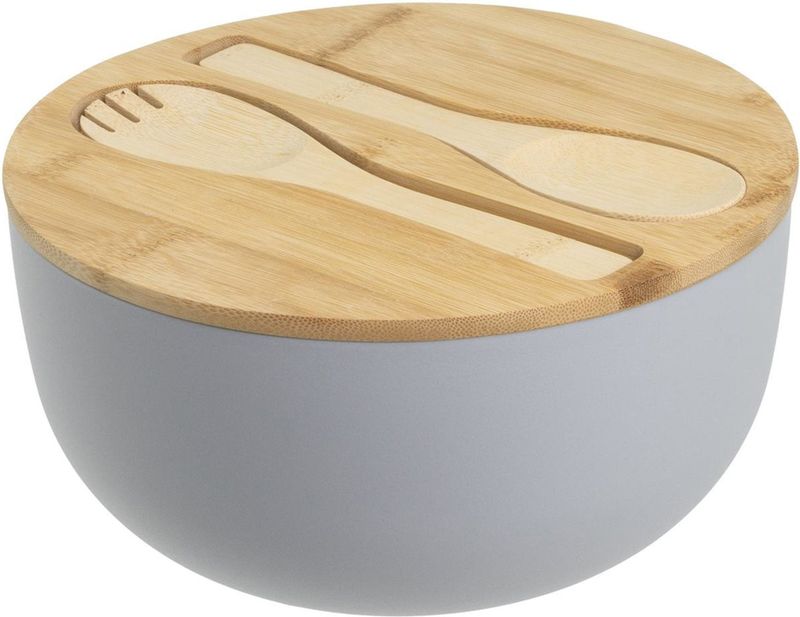 HI - Bamboe Slakom - Grijs - D23,5 x H12,5 cm - Kunststof - Met Saladebestek