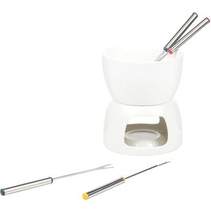 HI - Fondue Set - Wit - Porselein - Dia 12 cm - 4 Fondue Vorken - Voor Chocolade/Kaas