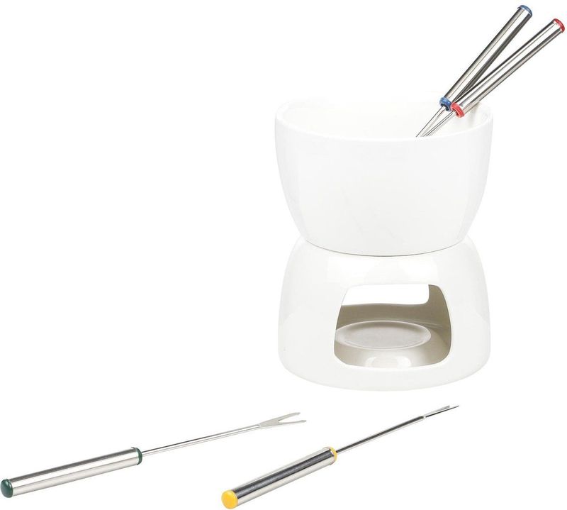 HI - Fondue Set - Wit - Porselein - Dia 12 cm - 4 Fondue Vorken - Voor Chocolade/Kaas