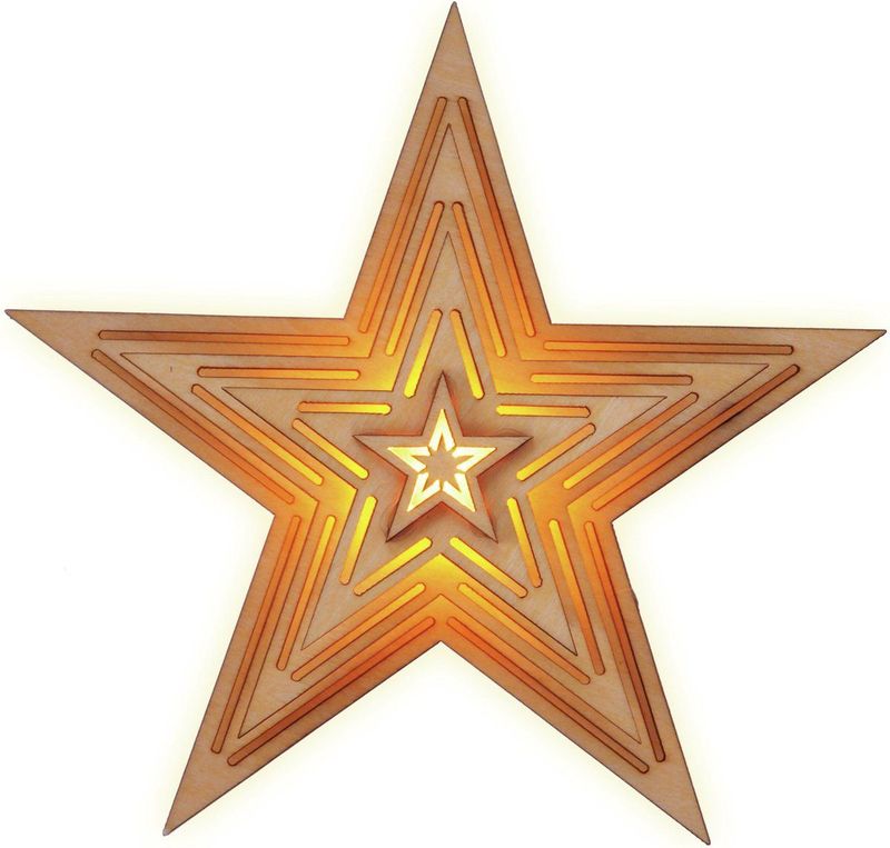 Kerstster - verlicht - hout - 15 cm - warm wit licht - op batterij - kerstverlichting