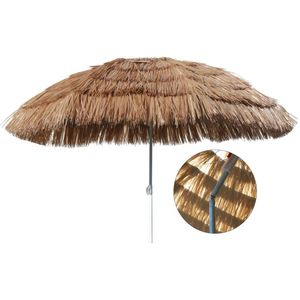 <p>Deze ruime strandparasol in Hawaï-stijl van HI is gemaakt van polyester met stalen baleinen en paal. Hij biedt een aangenaam onderdak voor verkoeling, schaduw en ontspanning.</p>
<p>Deze tuinparasol biedt beschutting en schaduw in stijl dankzij het vrolijke Hawaï-ontwerp en onderscheidt je van de gemiddelde strandliefhebber.</p>
<p>Bovendien kan de stalen paal met poedercoating worden verdeeld in 2 delen, waardoor de parasol eenvoudig mee te nemen is naar het strand, festivals of camping.</p>
<p>De parasol kan verder stevig in de grond worden verankerd door middel van de geïntegreerde pin aan het uiteinde van de paal en met het kunststof kantelmechanisme kan de parasol eenvoudig worden versteld.</p>
<ul>
  <li>Kleur: beige</li>
  <li>Materiaal stof: 170 T polyester</li>
  <li>Materiaal frame: gepoedercoat staal</li>
  <li>Diameter doek: 160 cm</li>
  <li>Hoogte: 175 cm</li>
  <li>Diameter balein: 3 mm</li>
  <li>Met kantelmechanisme</li>
  <li>Met flap</li>
</ul>