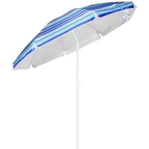 <p>Deze ruime, kleurrijke strandparasol van HI is gemaakt van 90 g oxford stof en stalen baleinen en paal. Hij biedt een aangenaam onderdak voor verkoeling, schaduw en ontspanning.</p>
<p>Deze tuinparasol biedt uv50+ bescherming en heeft een vrolijk gekleurd ontwerp met zilverkleurige afwerking en laat je opvallen tussen de andere strandliefhebbers.</p>
<p>Bovendien kan de gepoedercoat stalen paal worden verdeeld in 2 delen, waardoor de parasol eenvoudig mee te nemen is naar het strand, een festival en de camping.</p>
<p>De parasol kan verder stevig in de grond worden verankerd door middel van de geïntegreerde pin aan het uiteinde van de paal en met het kunststof kantelmechanisme kan de parasol eenvoudig worden versteld.</p>
<ul>
  <li>Kleur: blauw en wit met zilverkleurige voering</li>
  <li>Materiaal stof: 90 g oxford</li>
  <li>Materiaal frame: gepoedercoat staal en kunststof</li>
  <li>Diameter doek: 200 cm</li>
  <li>Diameter balein: 3 mm</li>
  <li>Uv50+</li>
  <li>Met kunststof kantelmechanisme</li>
  <li>Levering bevat draagtas</li>
</ul>