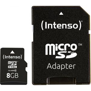 Intenso microSDHC-kaart 8 GB, klasse 10 (R) 25 MB/s, (W) 10 MB/s, SD-adapter, blisterverpakking