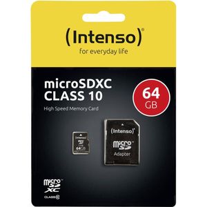 Intenso microSDXC-kaart 64 GB, klasse 10 (R) 25 MB/s, (W) 10 MB/s, SD-adapter, blisterverpakking