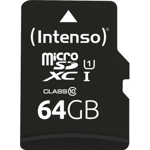 Intenso microSDXC-kaart 64 GB, prestatie, klasse 10, U1 (R) 90 MB/s, (W) 10 MB/s, SD-adapter, bliste