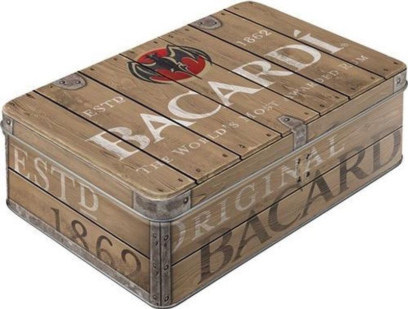 Nostalgic-Art Bacardi Voorraaddoos plat retro 2,5 liter - houten vat logo - cadeau-idee als baraccessoire - metalen doos met deksel in vintage design
