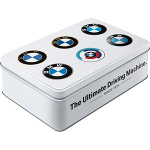 Nostalgic-Art Retro voorraadblik plat, 2,5 l, Official License Product (OLP), BMW – Logo Evolution – Cadeau idee voor BMW fans, doos met deksel van blik, vintage design