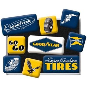 Nostalgic-Art Goodyear Set van 9 retro magneten met logo's, cadeau voor auto, motorfiets, fans, vintage magneetset