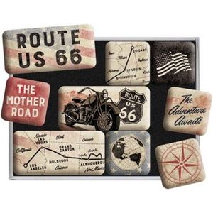 Nostalgic-Art Retro Route 66 Bike Map koelkastmagneten, 9 stuks, cadeau-idee voor Amerikaanse fans, magneetset voor magneetborden, vintage design