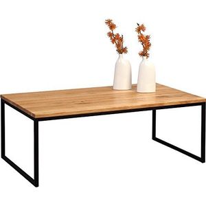 HomeTrends4You Sira 2 Salontafel, Wildeiken Massief Geolied Hout, Zwart Metaal Frame, 110 x 60 cm, Hoogte 43 cm