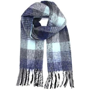 collezione alessandro Italiaanse sjaal Beth geruit met franjes 210cm x 30cm, blauw, Eén Maat