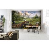 Komar Fotobehang - Morning Walk - grootte 368 x 254 cm - behang, bergen, bloemen, water, landschap, hemel, slaapkamer, woonkamer