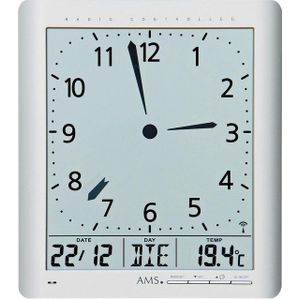 AMS F5898 - Wandklok - Radiogestuurde tijdsaanduiding - Digitaal - Temperatuur - Zilverkleurig