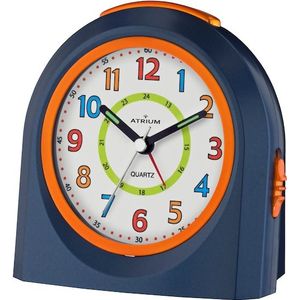 ATRIUM - Wekker - Kinderen - Meisjes Jongens - Analoog - Zonder tikgeluid - LED-licht - Licht/ wijzerplaatverlichting - Glow-in-the-dark wijzers - Donkerblauw / oranje - Opbouwend geluidniveau - Grote drukknoppen - Snooze - Slaapkamer - Klok - A921-5