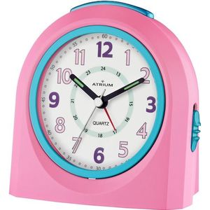 ATRIUM - Wekker - Kinderen - Meisjes - Jongens - Analoog - Zonder tikgeluid - LED-licht - Licht/ wijzerplaatverlichting - Glow-in-the-dark wijzers - Roze / Blauw - Opbouwend geluidniveau - Grote drukknoppen - Snooze - Slaapkamer - Klok - A921-17