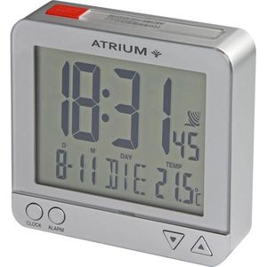 ATRIUM Wekker - Digitiaal - Digitale Klok - Radiogestuurd - Alarm - Zilver - Verlichting - Lichtsensor - Opbouwend Alarmsignaal - Snooze - Duidelijk - Reiswekker - Wektijd - Datum - Weekdag - Binnentemperatuur - Wekkers Slaapkamer - A740-19