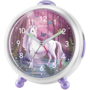 ATRIUM - Wekker - Kinderen - Meisjes - Analoog - Unicorn - Eenhoorn -Paars / Wit - Zonder tikgeluid - Snooze - Licht/ wijzerplaatverlichting - Glow in the dark wijzers - Grote knoppen - Wekkers Slaapkamer - A932-0